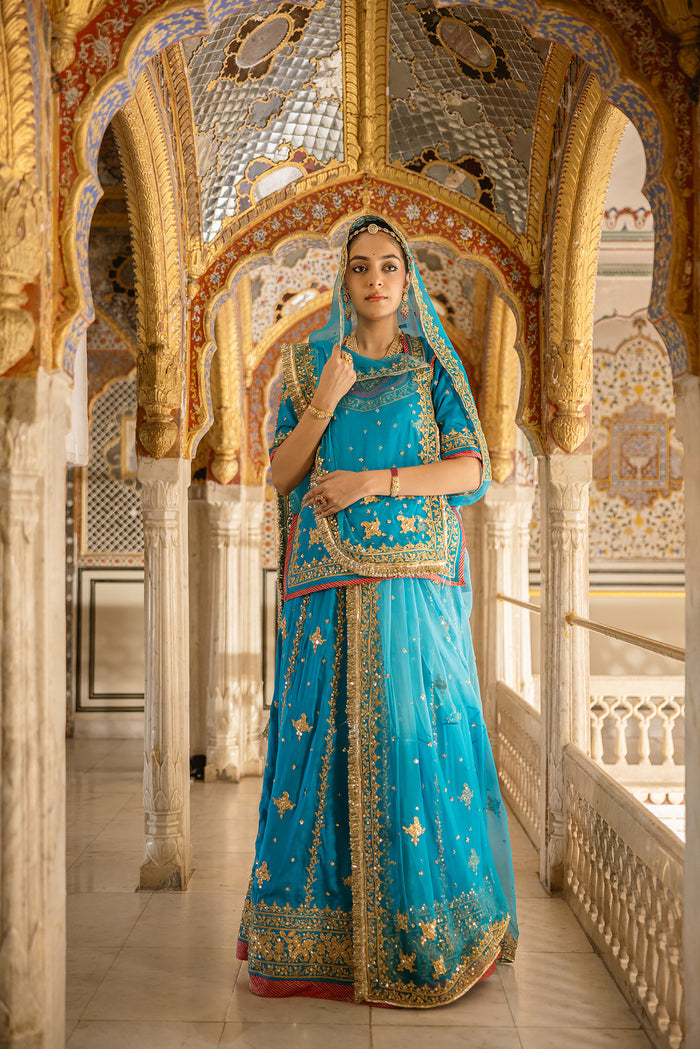 ZARVORA Afsana — Handcrafted Firozi Satin Poshak