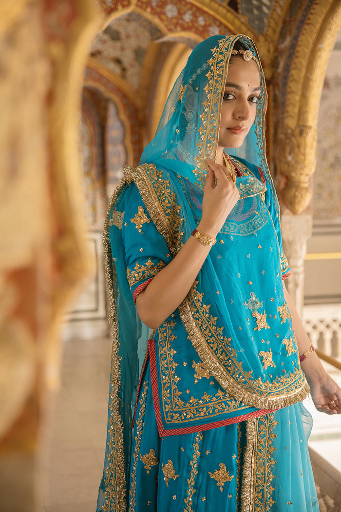ZARVORA Afsana — Handcrafted Firozi Satin Poshak