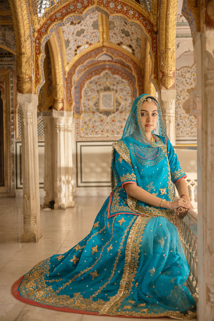 ZARVORA Afsana — Handcrafted Firozi Satin Poshak