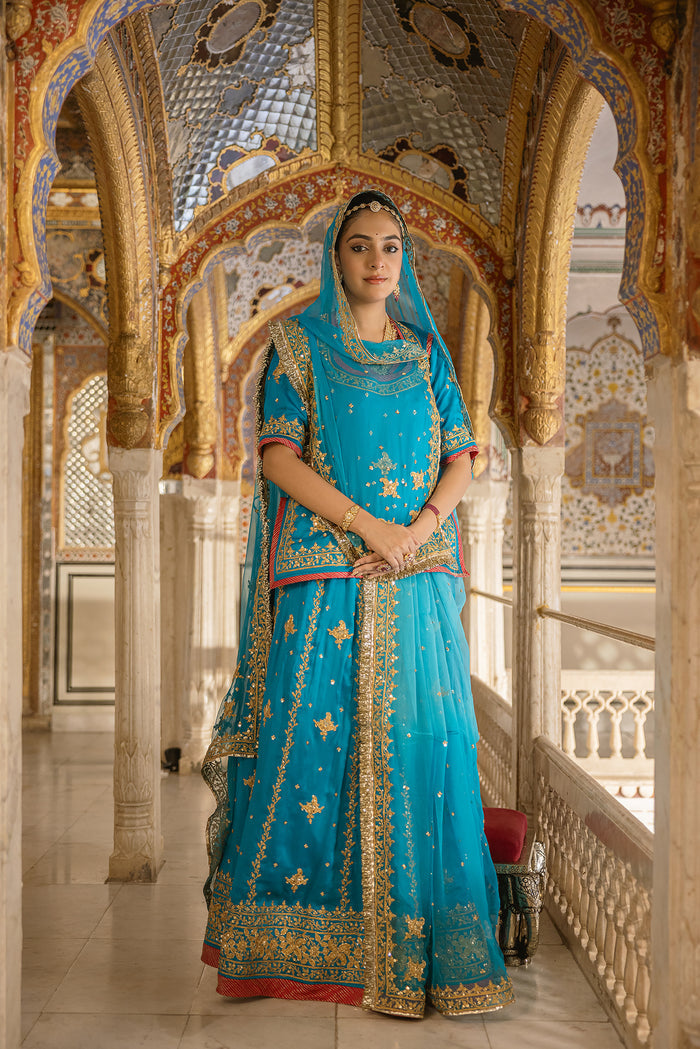 ZARVORA Afsana — Handcrafted Firozi Satin Poshak