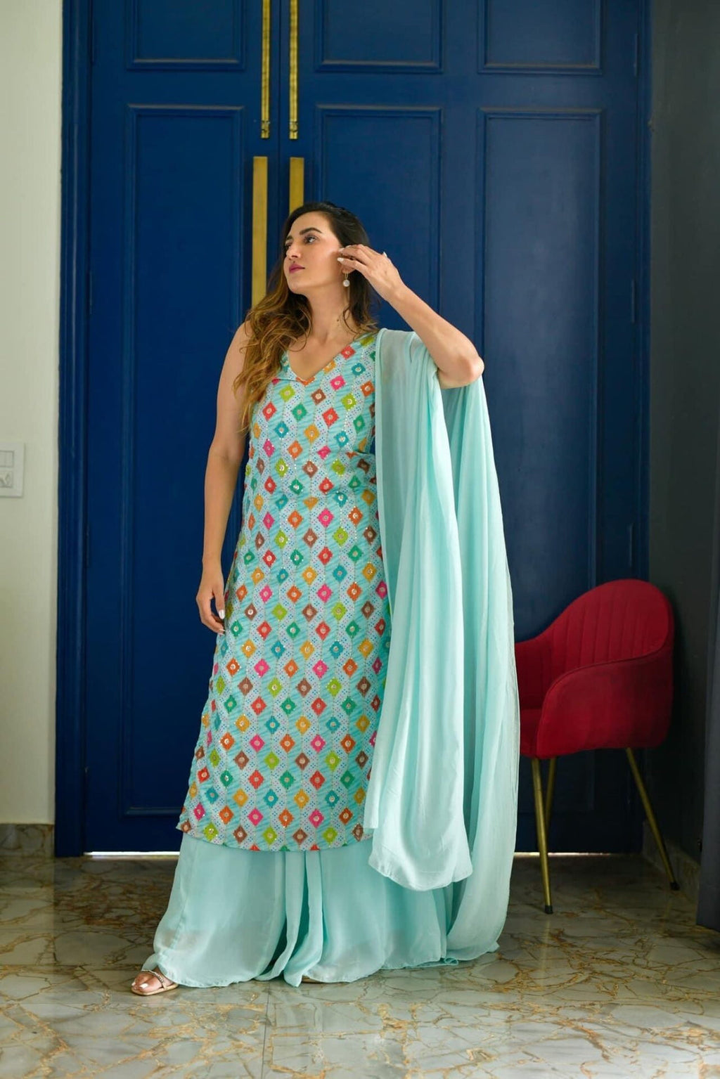 Azure Élise Embroidered Kurta Palazzo Set