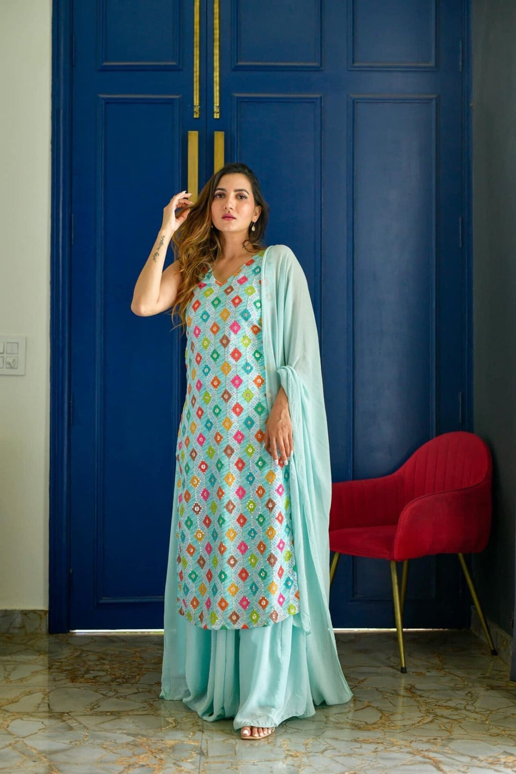 Azure Élise Embroidered Kurta Palazzo Set