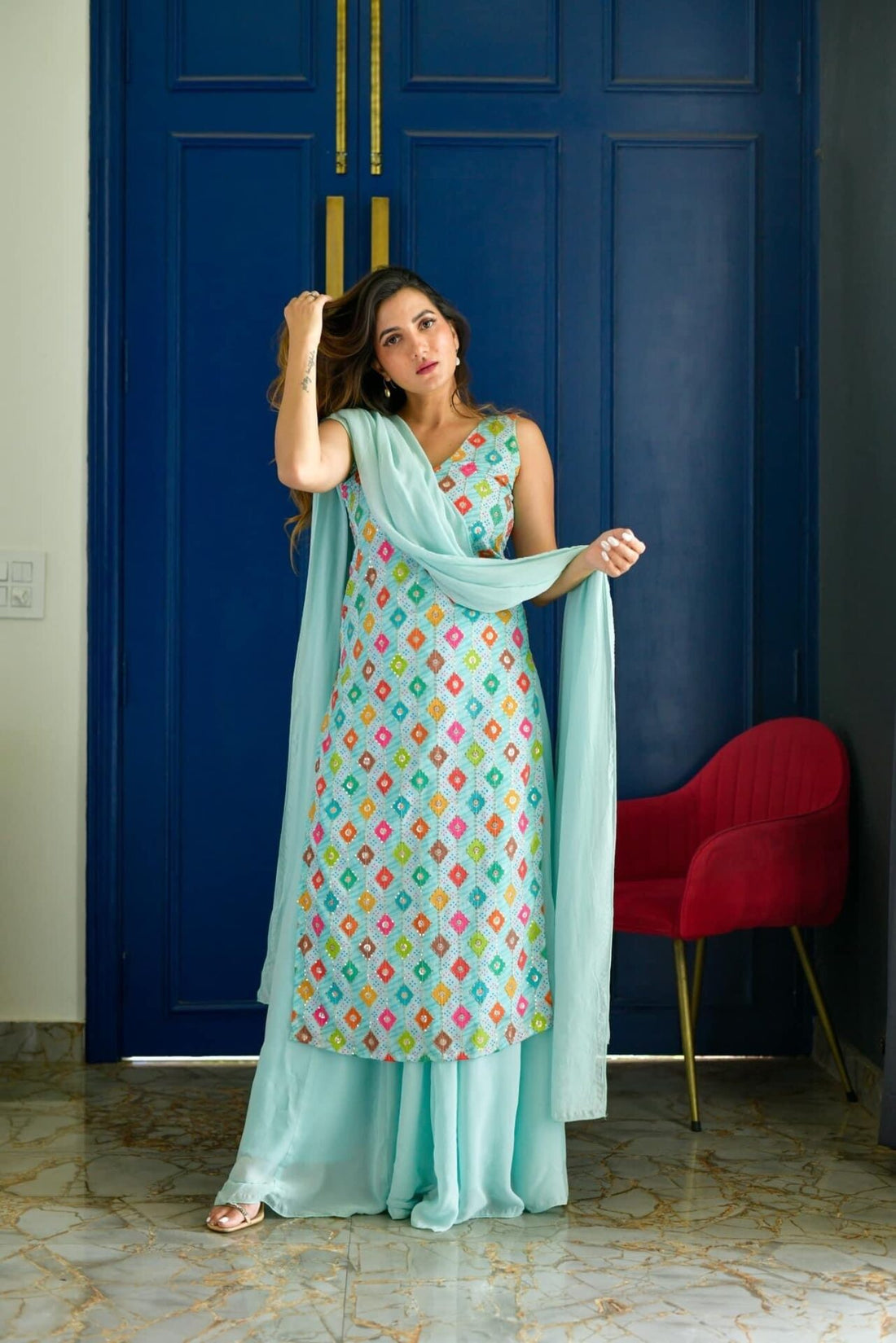 Azure Élise Embroidered Kurta Palazzo Set