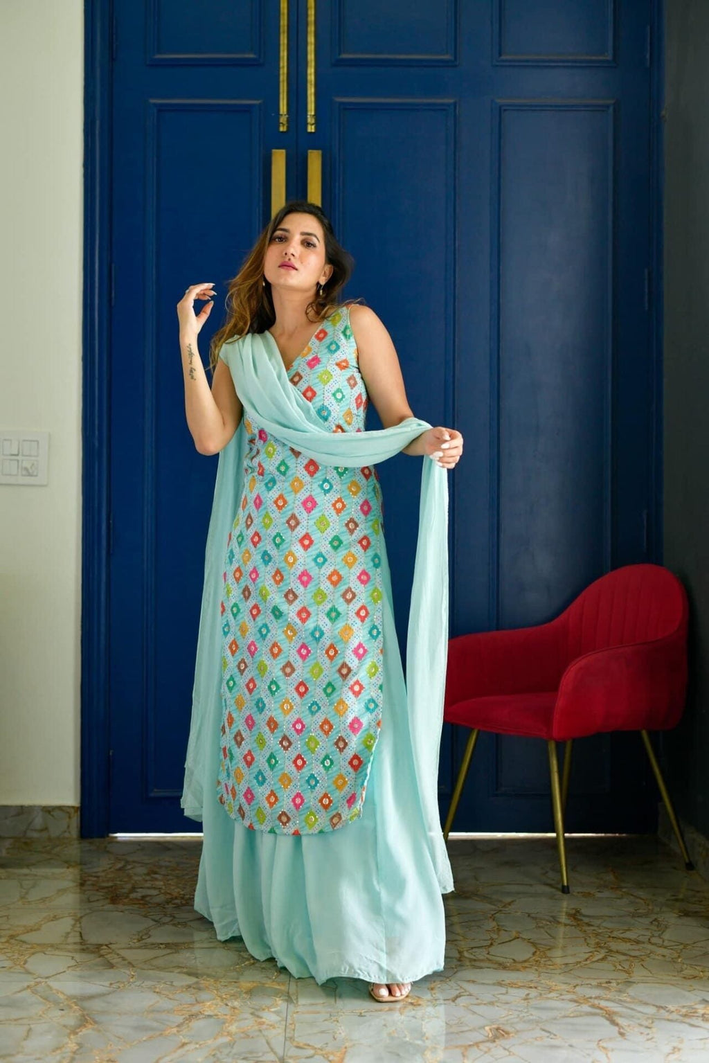 Azure Élise Embroidered Kurta Palazzo Set