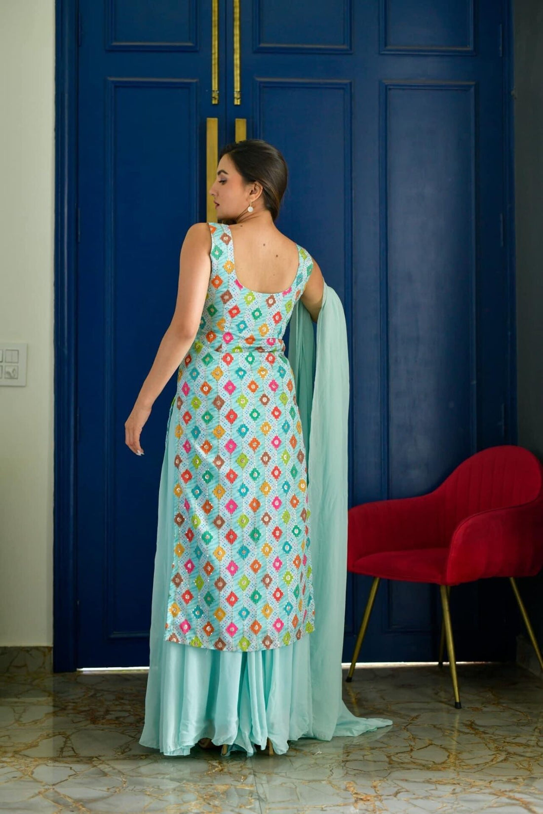Azure Élise Embroidered Kurta Palazzo Set