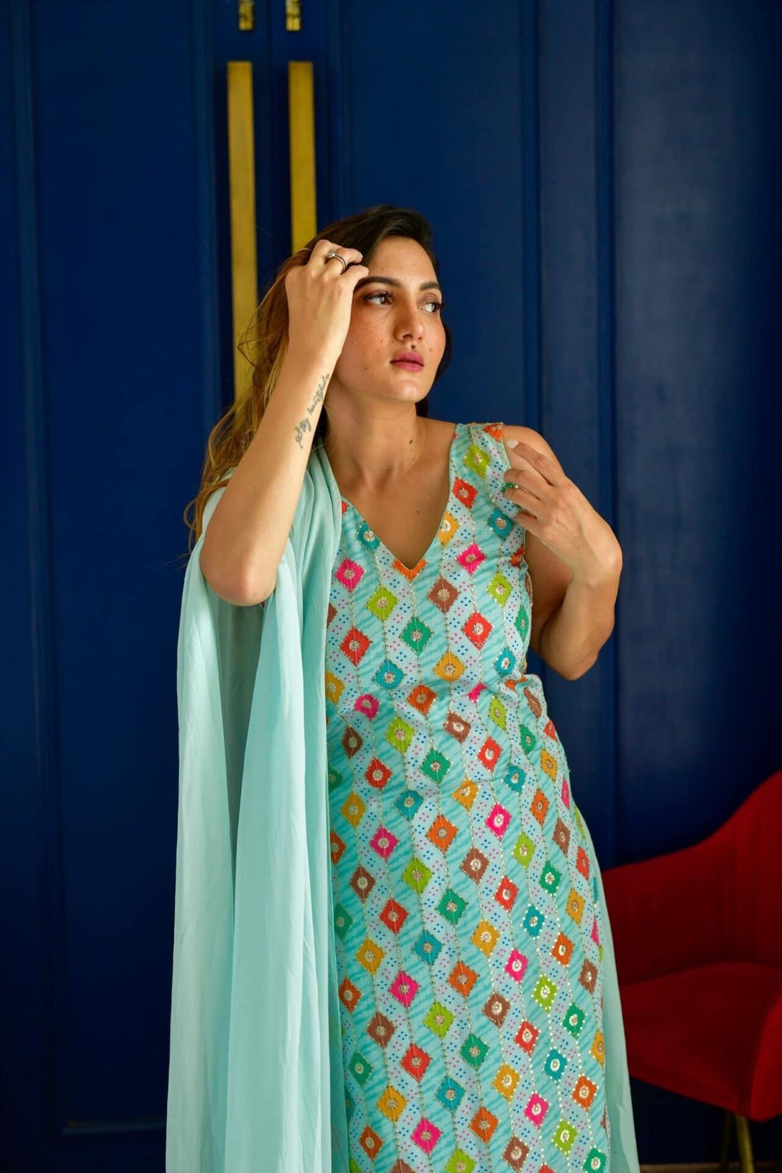 Azure Élise Embroidered Kurta Palazzo Set